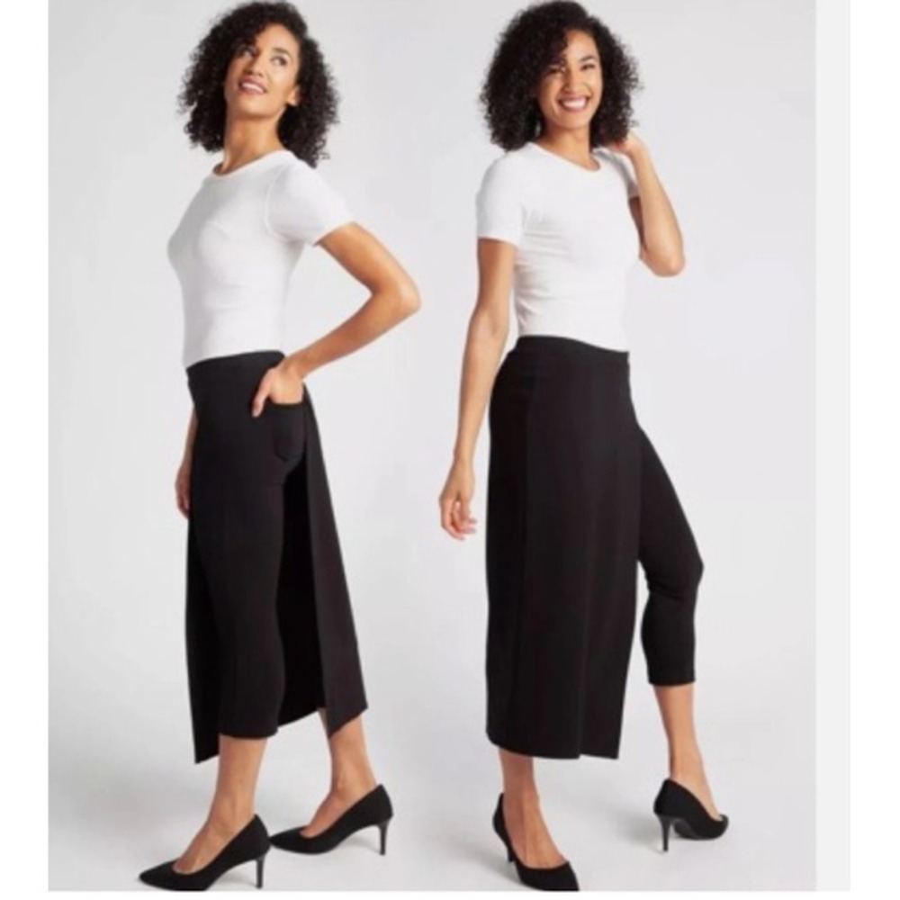 Betabrand Sassiest Pants Womens Medium Petite Black Faux Wrap‎ Skirt Cropped
